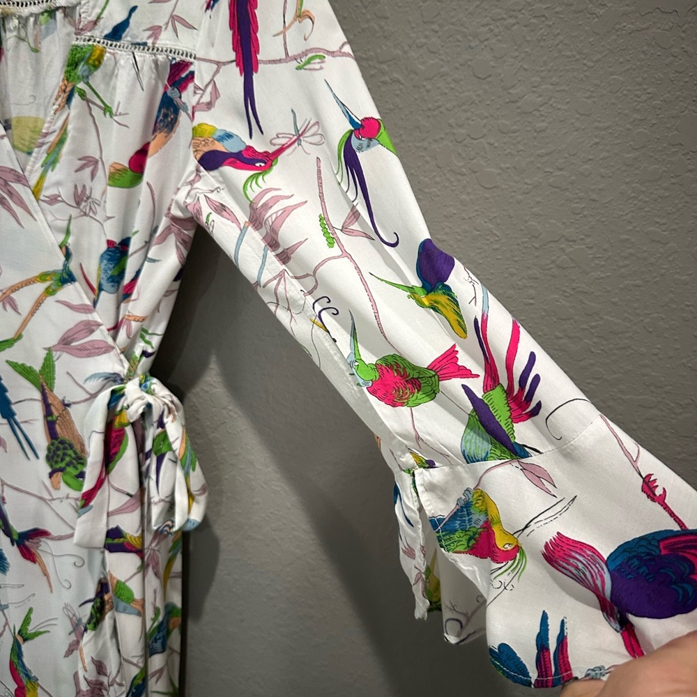 Anthropologie Floreat Aiden Robe 3/4 Sleeve Wrap Dress Bird Print Sz S EUC - Picture 4 of 8